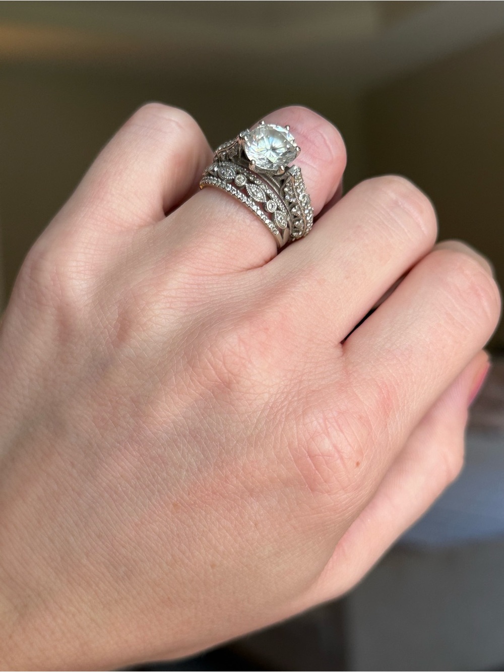 Vintage-Inspired Silver Bridal Ring Set with Clear Center Stone